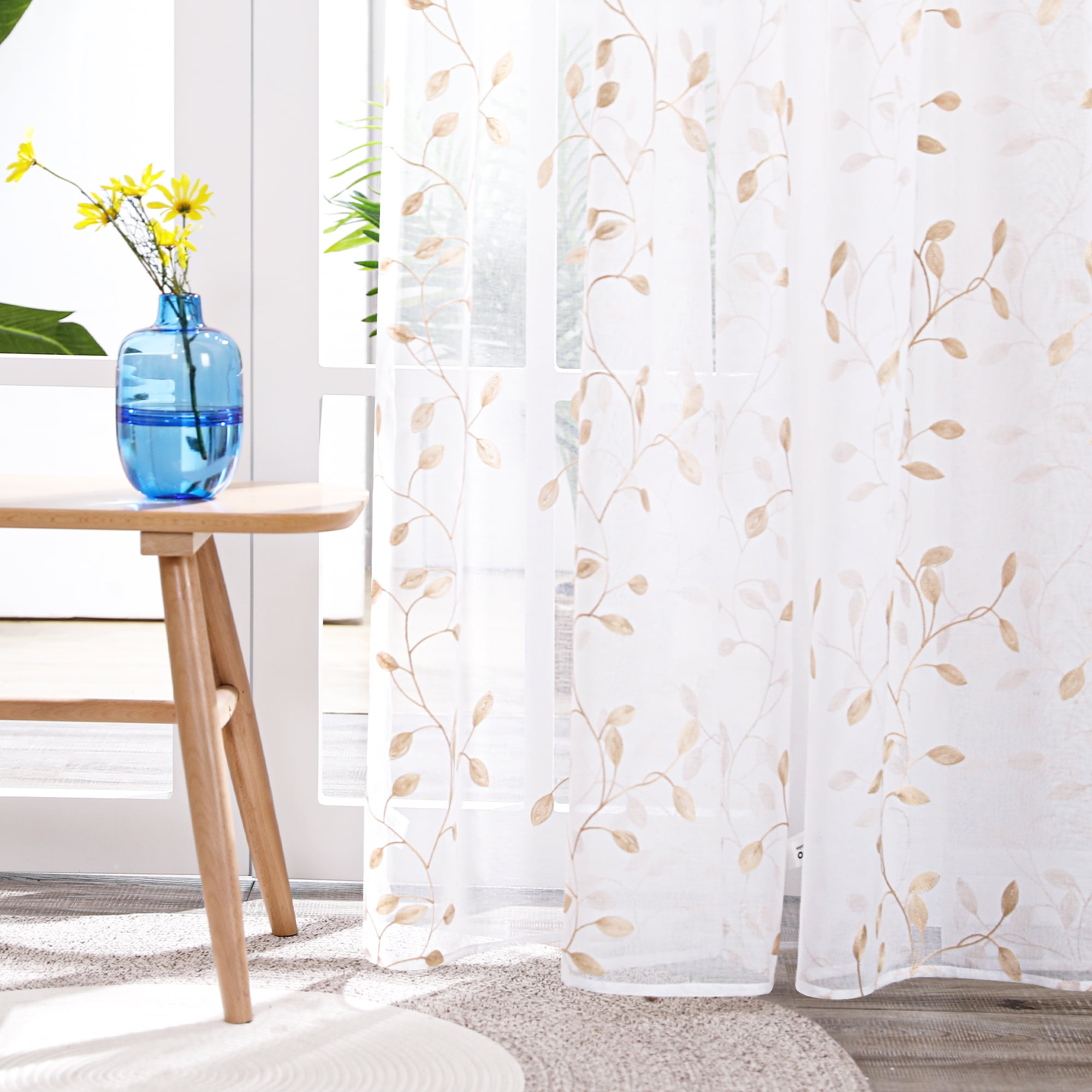 Deconovo Sheer Curtains 84 inches Long, Leaf Pattern Embroidery Floral Curtains for Bedroom Living Room - 2 Panels, Each 52x84 in, Beige