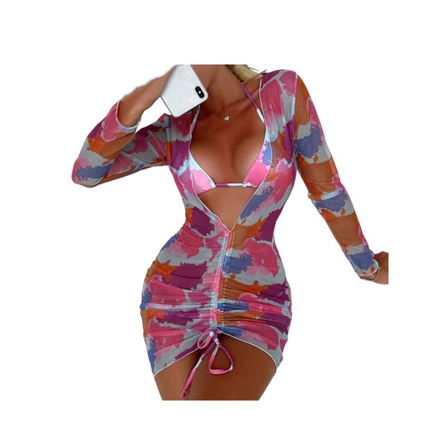 TRKIYQC, 3 uds., trajes de baño para mujer, sujetador Halter con relleno de Color en contraste con amarre para adultos, vestido de manga larga con cuello en V y Tanga TRKIYQC moderno