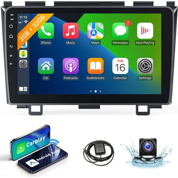 Android Car Stereo for Honda CRV 2007 2008 2009 2010 2011 Wireless CarPlay Android Auto, 2 32G 9inch Touchscreen Car Radio Bluetooth Backup Camera In Dash GPS Head Unit WIFI FM SWC