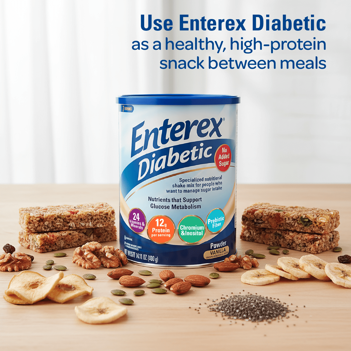 Enterex Diabetic Ready-to-Mix Nutritionally Complete Powder – No Added Sugar, Gluten Free, Vanilla Flavor, 400g (7 Servings)