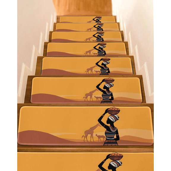 Africa Black Women Non-Slip Stair Treads for Wooden Steps, 15 Pack 8x30 Inches Carpet Stair Mats with Adhesive Backing, Noise-Reducing Step Covers for Indoor Stairs, Easy to Install & Residue-Free