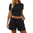 thumbnail image 2 of 2DXuixsh Women's 2 Piece Lounge Set, Ribbed Knit Short Sleeve Top and Wide Leg Pants with Side Split, Casual Summer Tracksuit Pajamas, Soft Breathable Loungewear for Home or Travel, 2 of 7