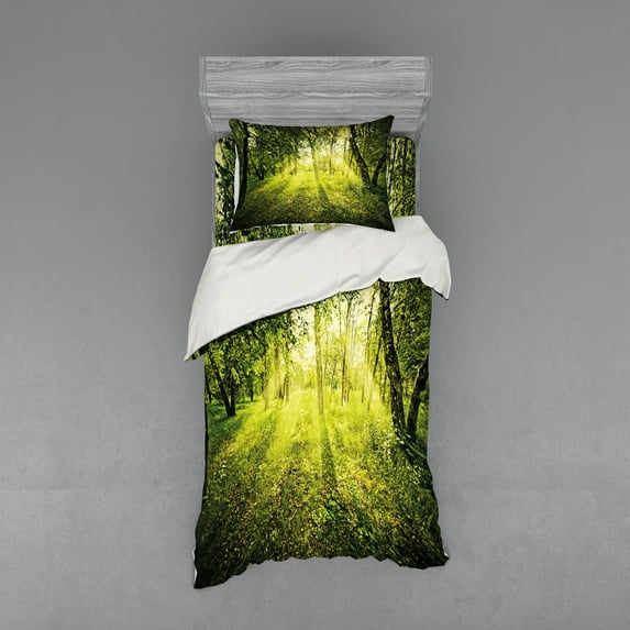 Ambesonne Forest Bedding Set 3 Pcs, Scenic Morning in Nature, Twin, Green