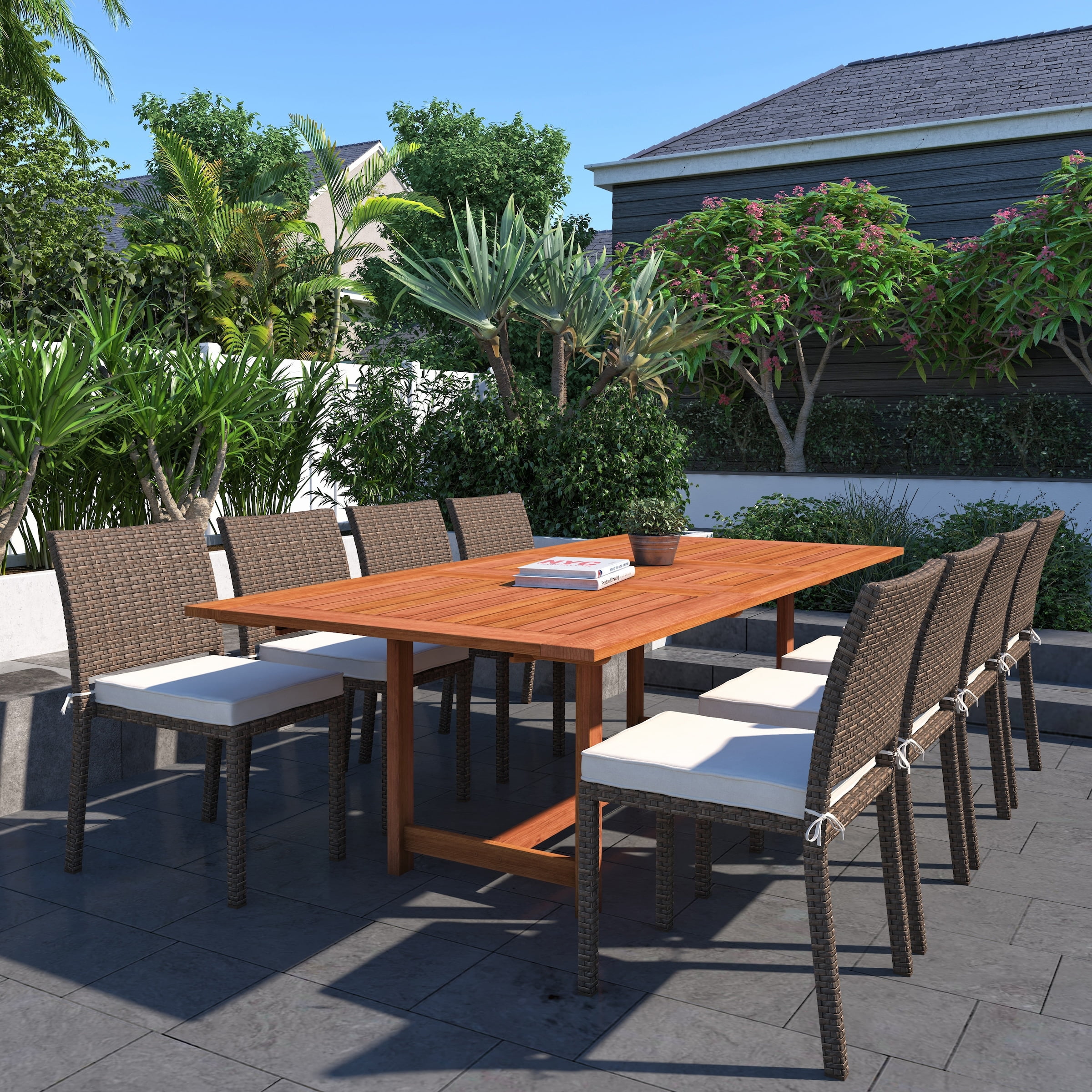Amazonia Eucalyptus and Wicker 9 Piece Patio Dining Set with Cushions