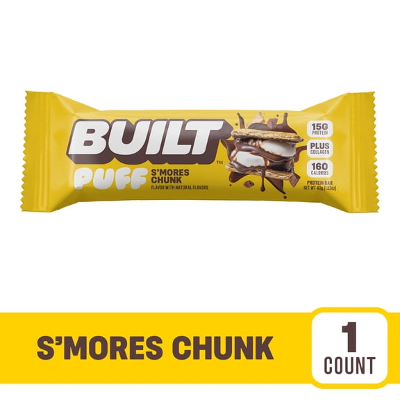 BUILT Puff Protein Bar, S'mores Chunk, 15g Protein, Collagen, 160 Calories, Single 1.52 oz Bar