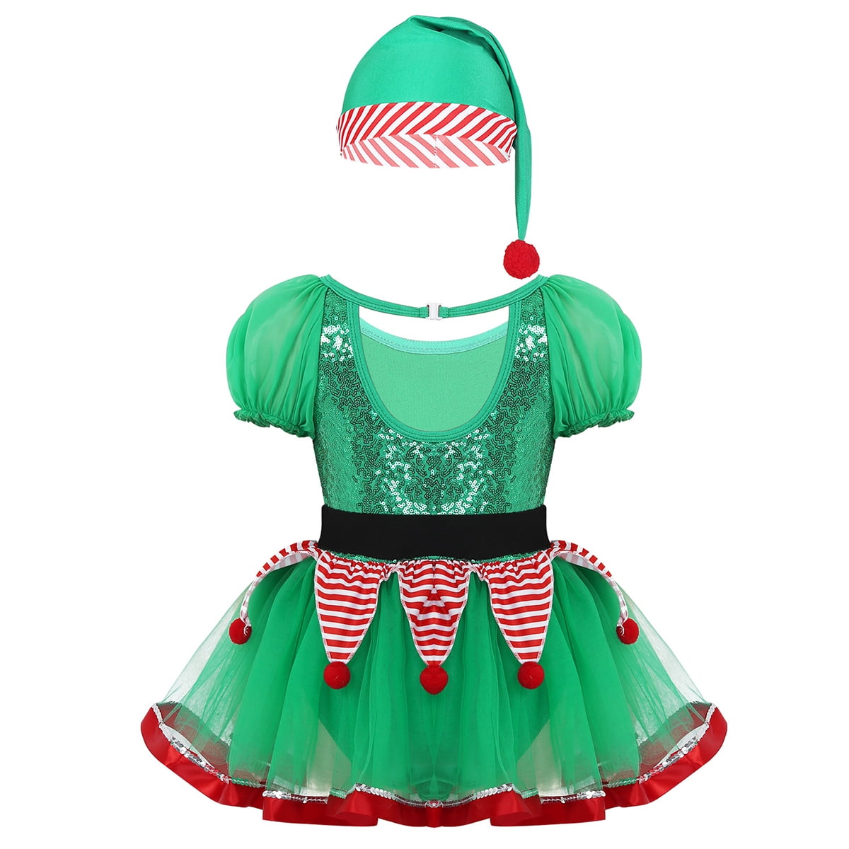 YiZYiF Kids Girls Christmas Elf Costume Figure Ice Skating Ballet Dance Tutu Dress with Hat Dancewear Green 12