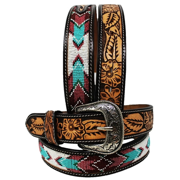 39-40 Unisex 1.5" Western Floral Tooled Beaded Full-Grain Leather Belt 26RT49B