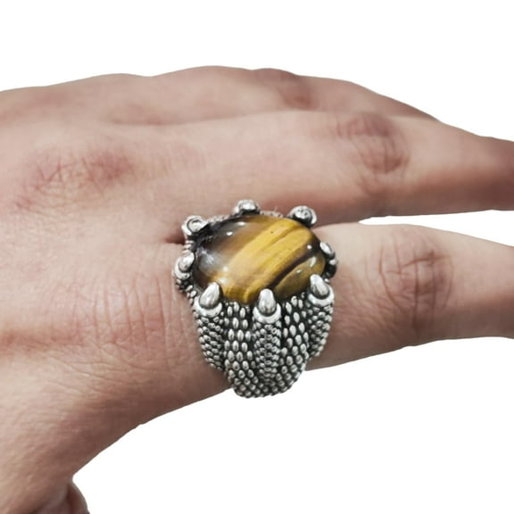 Tiger Eye Mans Ring, Natural Tiger Eye Ring, Tiger's Eye Eagle Claw Ring, Silver Jewelry, 925 Silver, Birthday Gift, Heavy Ring, Arabic Design, Ottoman Style Ring, Christmas, Mens Signet Ring