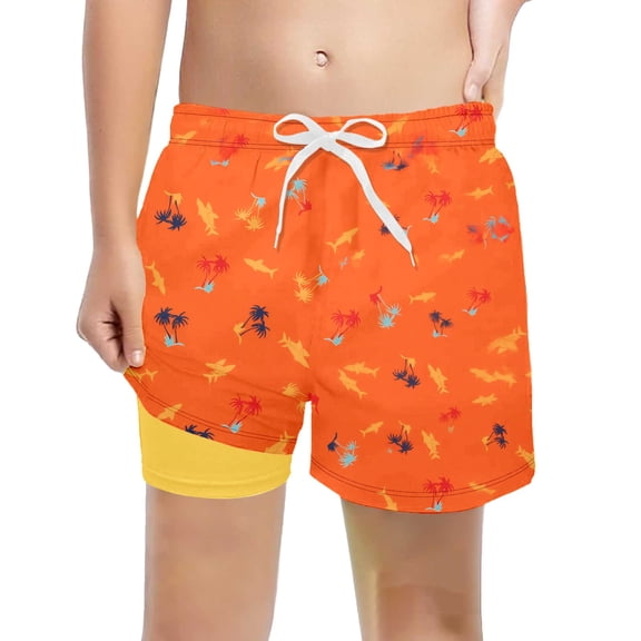 Boys Swim Trunks Shorts Hawaii Print Stretch 2 in 1 Beach Swimming Shorts with Compression Liner Big Boys Quick_Dry Bathing Suit