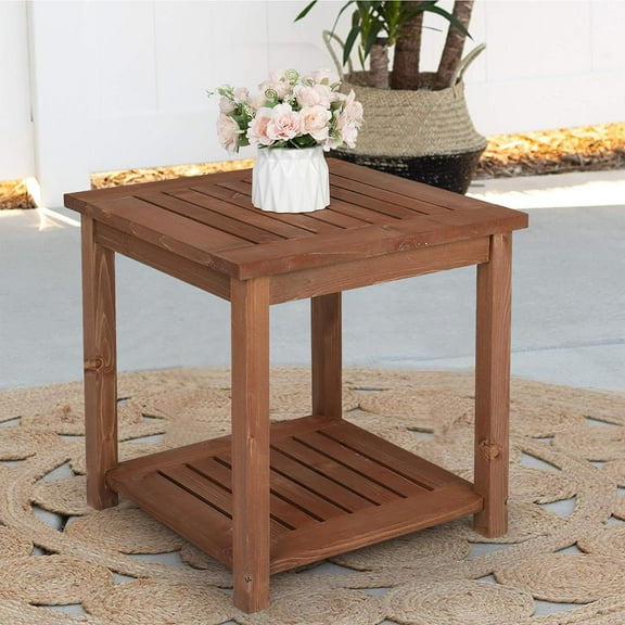 UBesGoo 17.7in Outdoor Patio Wood End Table, Wood Side Coffee Table Carbonized Color, Wooden Chat Table