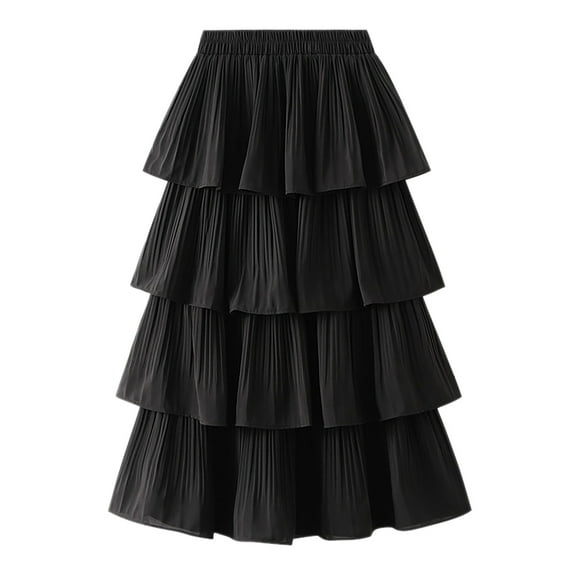 New Women Tiered Pleated High Waist Cake Skirt Lady Casual Female Solid Color Skirt Club Basic Leisure Dailywear