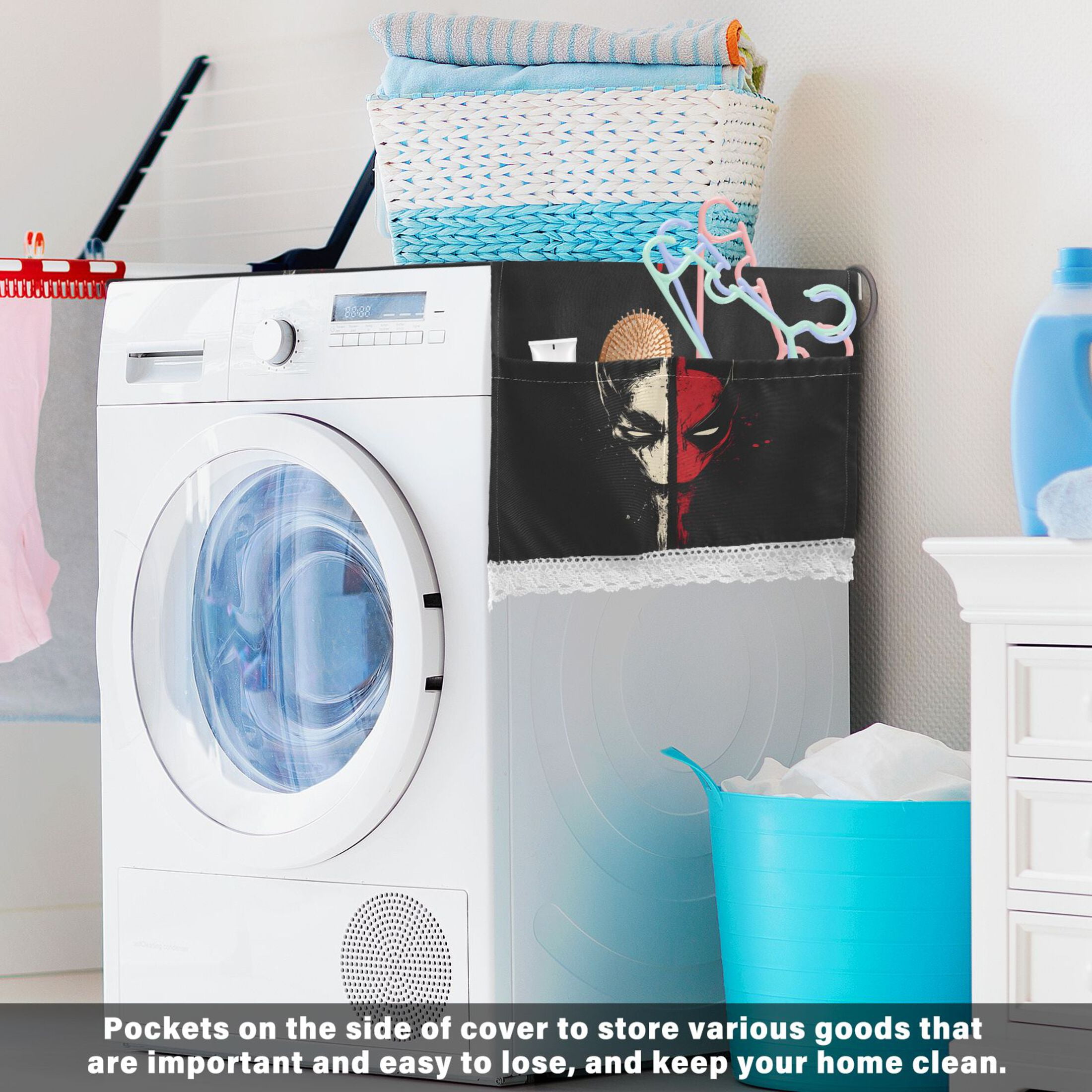 Wobogo Red and White Mask Washer and Dryer Covers Dust-Proof and Oil Resistant Fridge Cover with 4 Storage Pockets Washing Machine Top Cover for Laundry Kitchen Home 51.2 x 22 In
