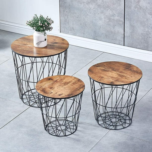 Macadam hobby boksen Home Convertible Round Metal Basket Veneer Fraud Marble Top Accent Side  Home and Office Nesting End Tables with Storage- (Set of 3) - Walmart.com