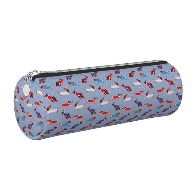 Disketp winter Dachshund Estuche Organizador de Lápices de Cuero, Estuche de Oficina con Cremallera para Bolígrafo y Lápiz