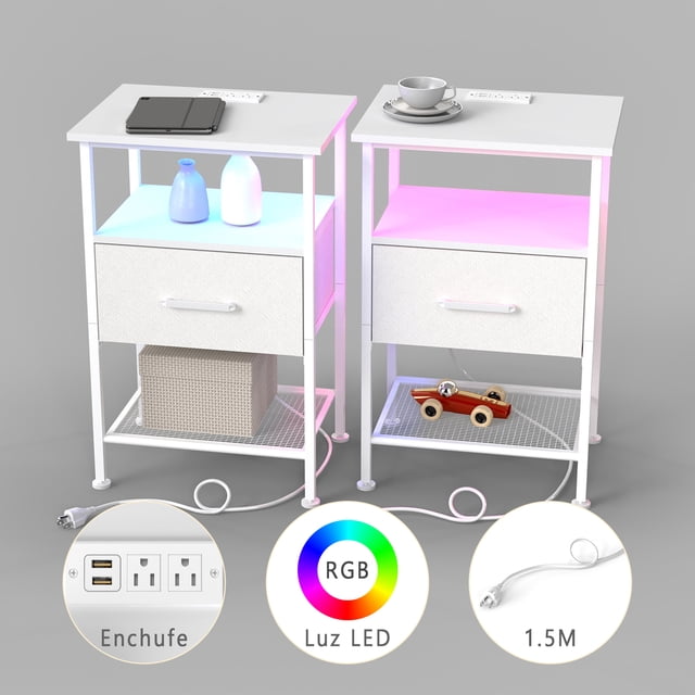 2 mesitas de noche blanco Con enchufe y Luz LED Con cajón Tiene 2 puertos USB Tamaño 39cm29cm61cm