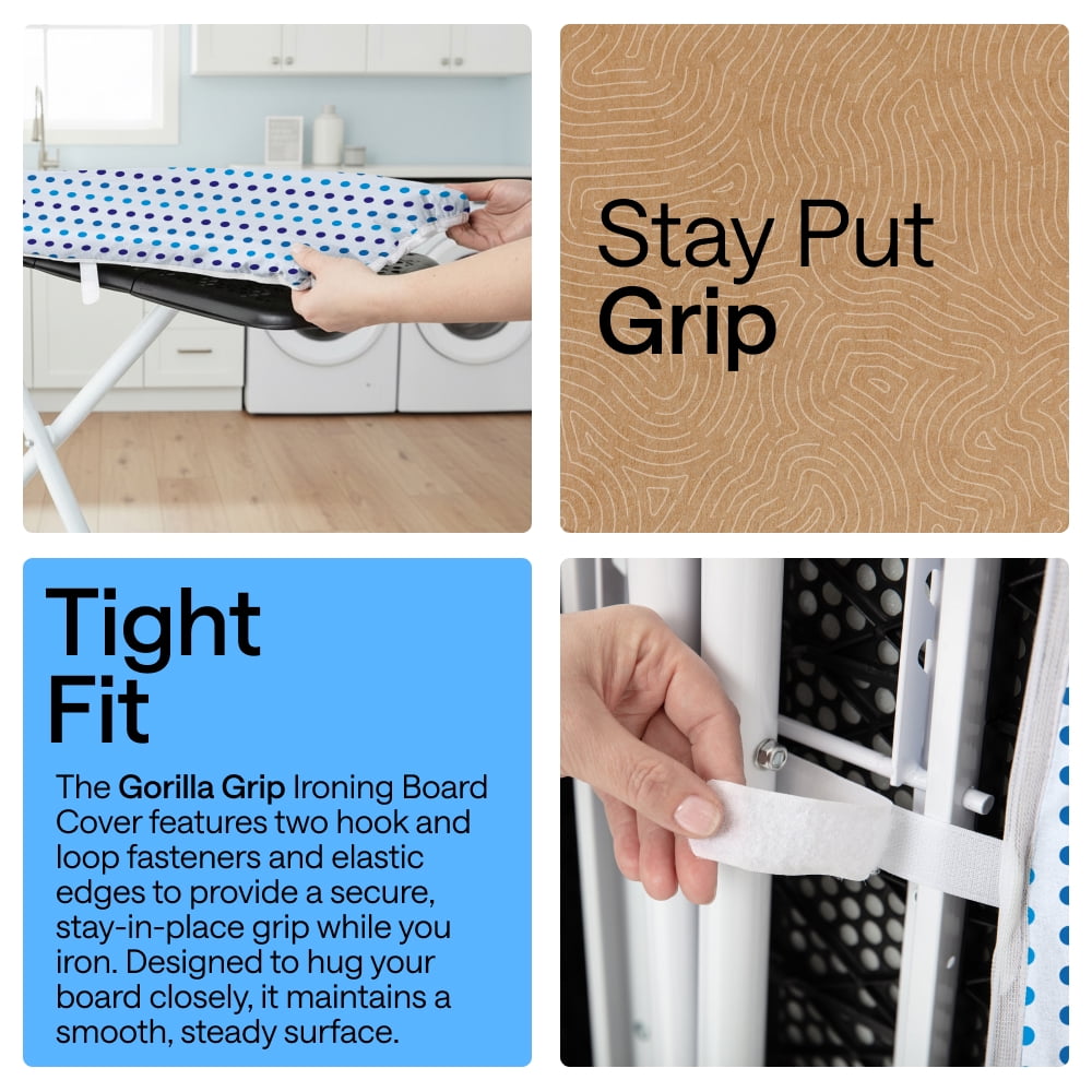 GORILLA GRIP Scorch Resistant Ironing Board Cover, Silicone Coating, Hook and Loop Fastener Strap, Blue Dots