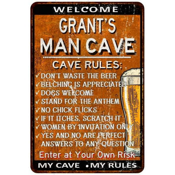 GRANT'S Man Cave Rules Rusty Sign Garage Decor 8 x 12 High Gloss Metal 208120051170
