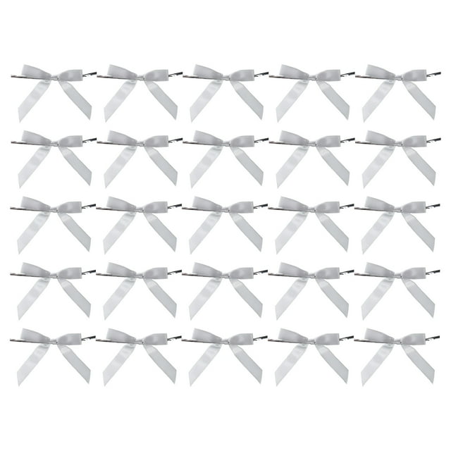Unique Bargains 50Pcs Mini Ribbon Bow 3.5' Twist Tie Mini Fabric Satin Ribbon Flower Bows Craft DIY Sewing Bows Light Silver