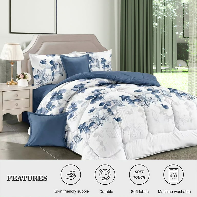 Shatex Bed-in-A-Bag Comforter Bedding Sets Queen- 7 Piece All Season  Bedding Comforter Set, Ultra Soft Polyester Elegant Bedding Comforters-  White with Blue Floral 