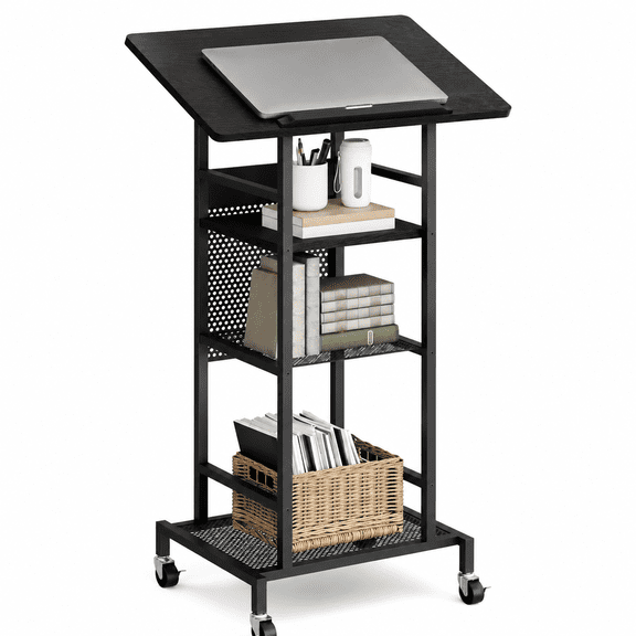 Podium Stand with Locking Wheels, 4-Tier Mobile Lectern with Storage Shelves and Non-Slip Lip, for Classroom, Church, Conference Standing Desk, Black