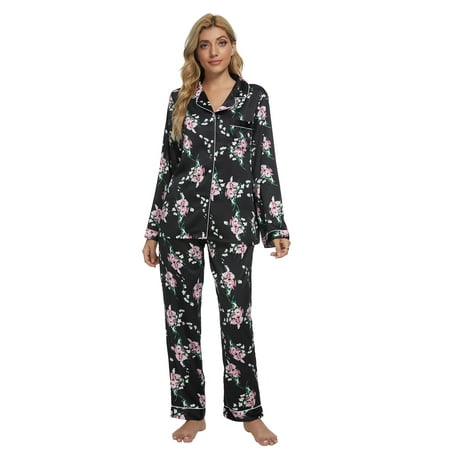 

MintLimit Women s Satin Silky Pajamas Set Floral Long Sleeve Button Down V-neck Shirt and Pants Sleepwear Lounge Pyjamas