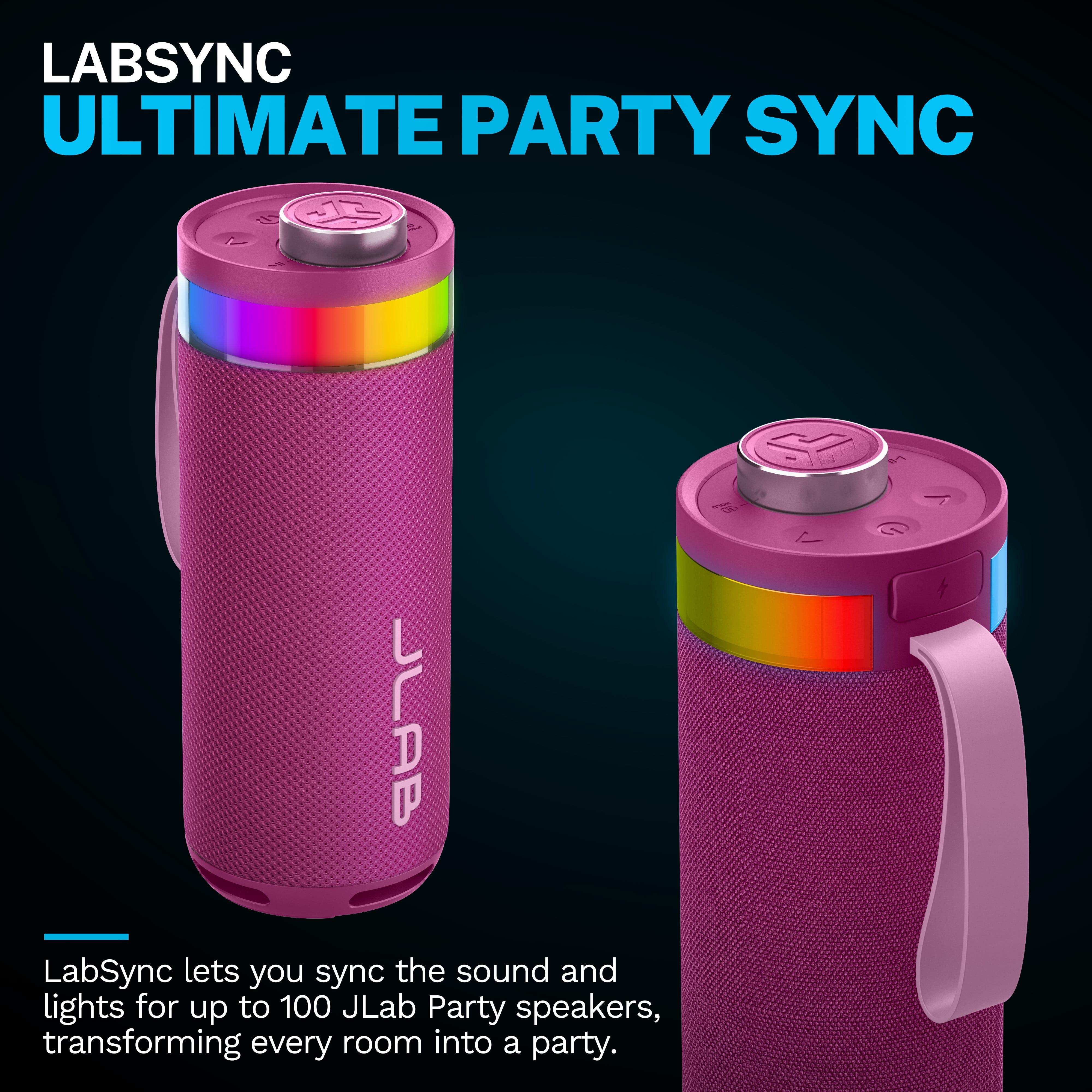 JLab GO Party Speaker - Mulberry; Bluetooth Portable Speaker with RGB Lighting, 10W