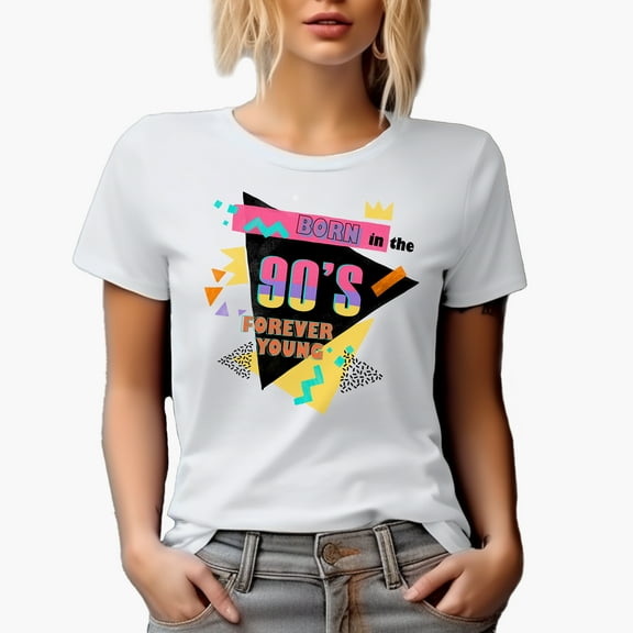 Born in the 90s Forever Young, Retro Geometric Shapes Art Merch Gift, White T-Shirt, Small