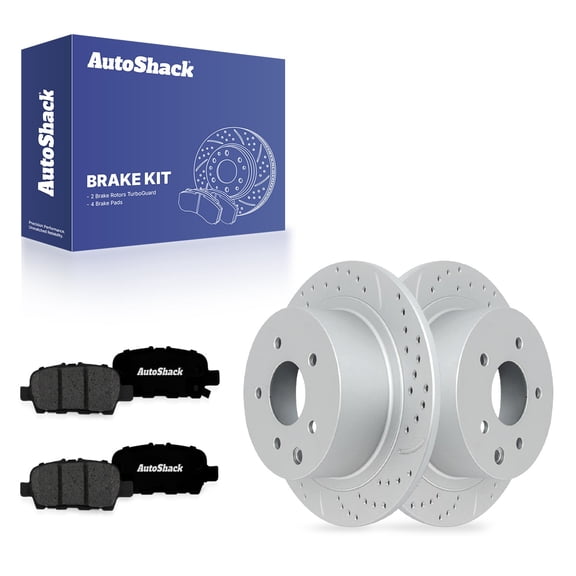 AutoShack Rear Solid Drilled & Slotted Coated Brake Rotors Silver Matte Finish   Premium Ceramic Pads 6-PC Brake Kit Replacement for 2007-2009 Nissan Altima TurboGuard 11.47" (291.4 mm)