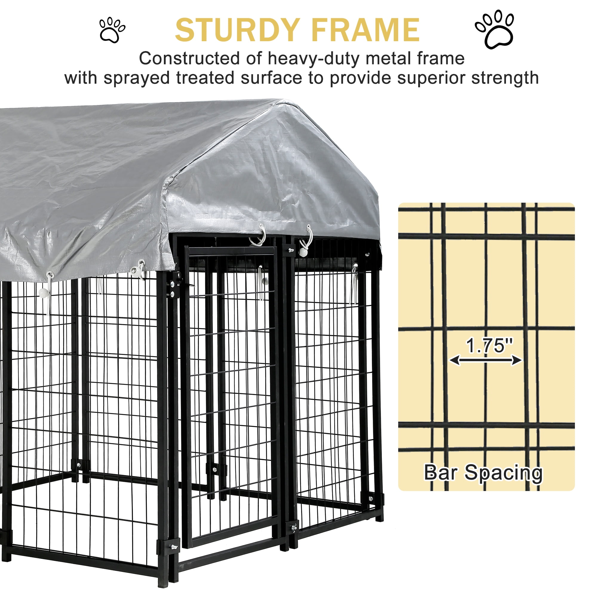 YRLLENSDAN 4 x 4 x 4.4 Ft Dog Kennel Outdoor Dog Pen Playpen House Heavy Duty Dog Crate Metal Galvanized Welded Pet Animal Camping Cage Fence with UV-Resistant Waterproof Cover and Roof