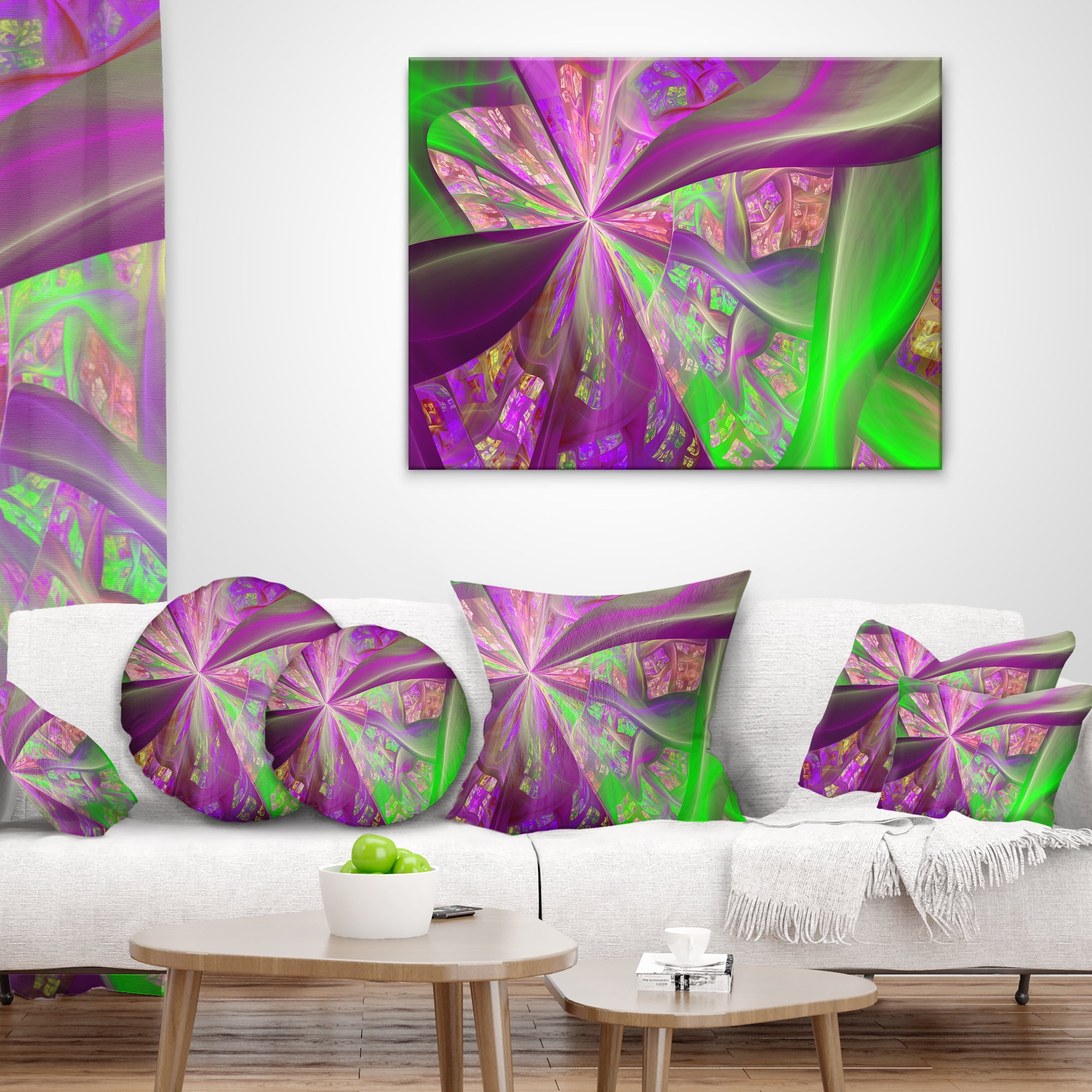 Designart Pink Green Fractal Curves - Abstract Throw Pillow - 18x18