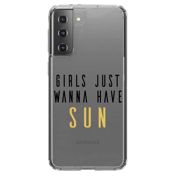 DistinctInk Clear Shockproof Hybrid Case for Galaxy S21  PLUS 5G (6.7" Screen) - TPU Bumper Acrylic Back Tempered Glass Screen Protector - Girls Just Wanna Have Sun