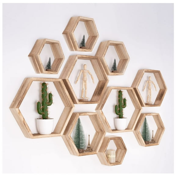 WONFUlity Hexagon Floating Shelves Set of 10, Honeycomb Shelves Wall Mounted Wood Farmhouse Storage Wall Shelf for Bathroom, Kitchen, Bedroom, Living Room, Wall Decor, Light Brown