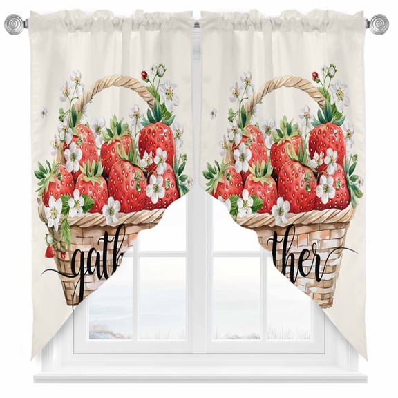 Summer Fruit Swag Kitchen Curtain Valances, Watercolor Red Strawberry Floral Rod Pocket Curtains Window Treatment Decor Valances for Bedroom Bathroom, 2 Panels 28 x 36 Inch
