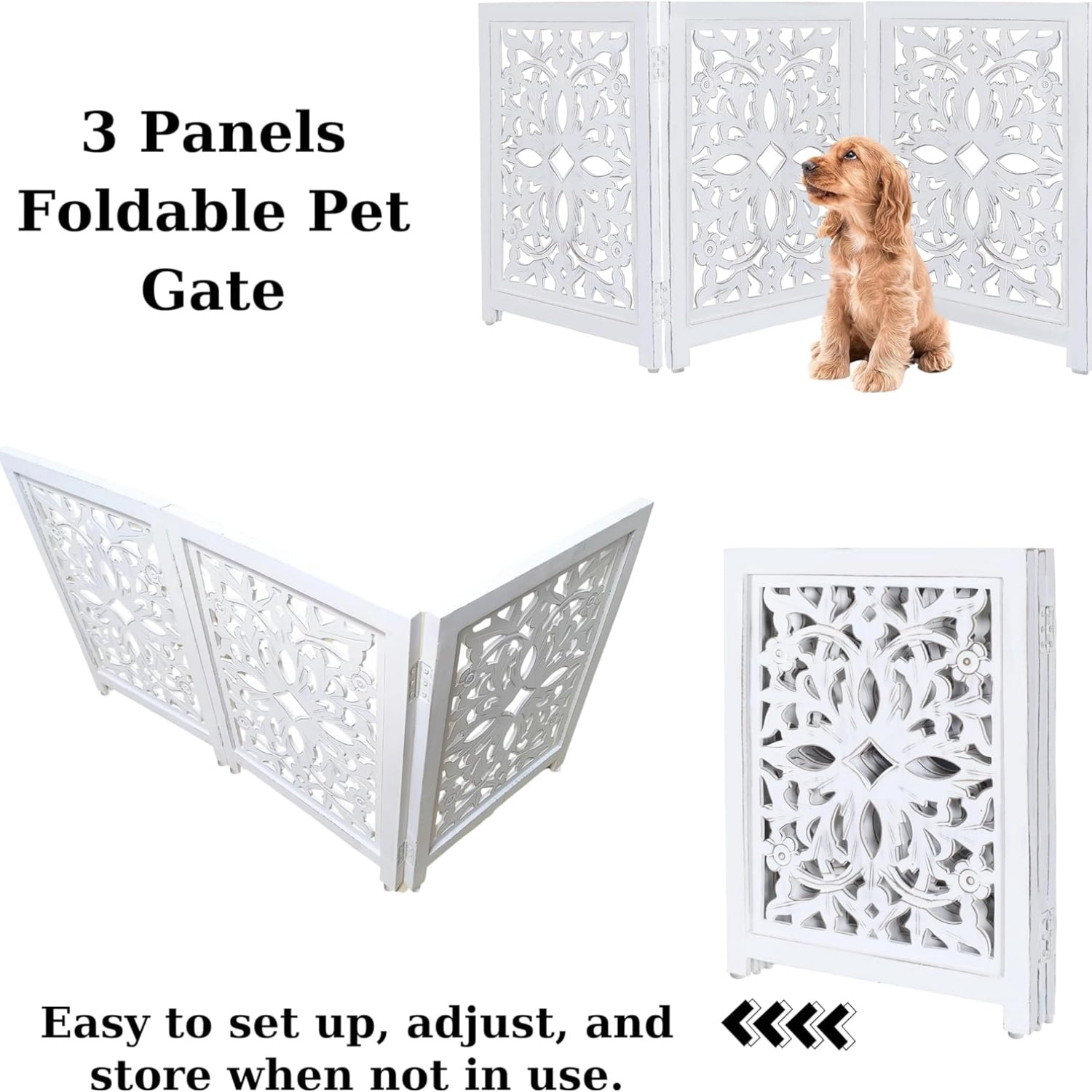 Lightnpro Foldable Carved Wooden Dog Gate - Freestanding Indoor Pet Safety Barrier, Adjustable Decorative Dog Fence for Stairs, Doorways & Hallways - 24x18 Inch Antique White