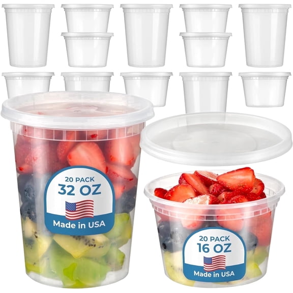 Fit Meal Prep Food Storage Containers with Lids, Round Plastic Deli Cups, 16 and 32 oz, Cup Pint Quart Size, Leak Proof, Airtight, Microwave & Dishwasher Safe, Stackable, Reusable, White, 40 Pack