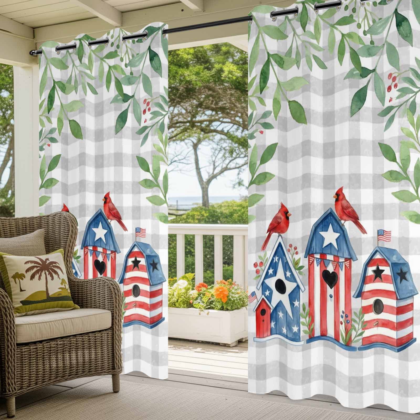 Independence Day Outdoor Curtains for Patio, Watercolor Cardinal Bird Birdhouses Leaf Grey Plaid Sunshade Privacy Drapes Grommet Waterproof Outside Curtains for Porch/Cabana/Balcony 54"x108", 1 Panel