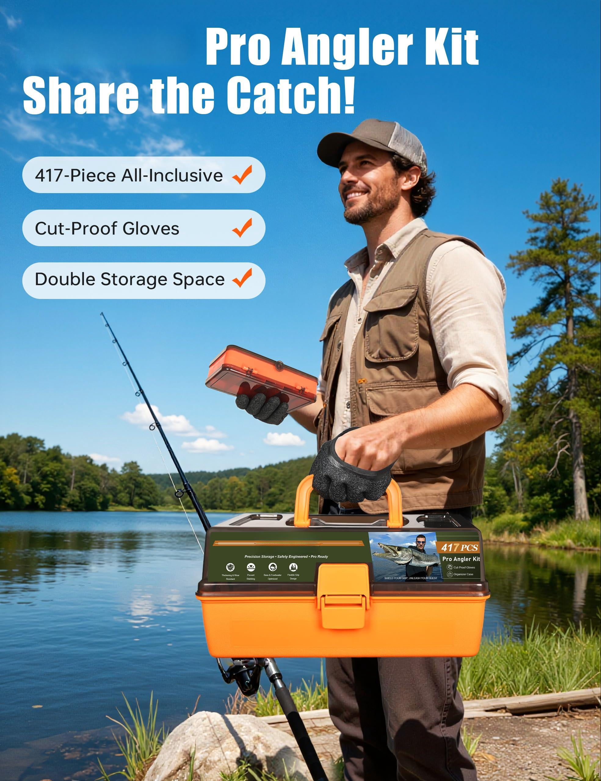 Large 3-layer Fishing Tackle Box With Included  All-in-one 417 Lures Kit Small 2-sided & Gloves For Anglers Complete Freshwater Bass Gear Gift Men