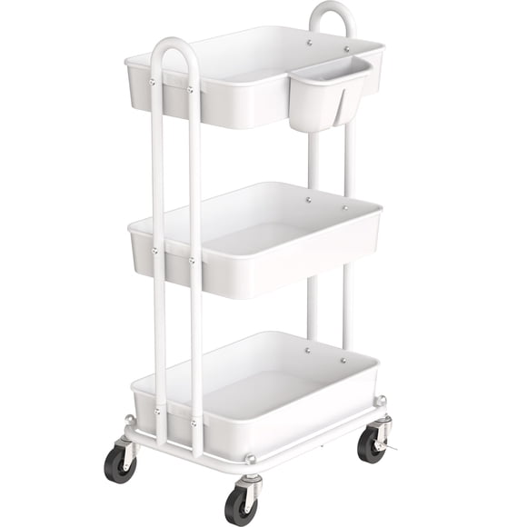 Rolling Utility Cart Simple Houseware, 3 niveles, blanco con balde