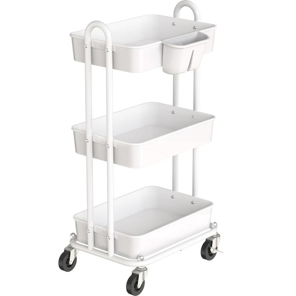 Rolling Utility Cart Simple Houseware, 3 niveles, blanco con balde