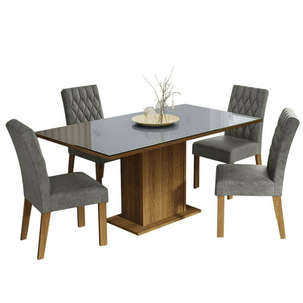 Juego de Comedor Mesa con Tablero de Vidrio 4 Sillas Marrón/Gris/Plata Marilia Madesa