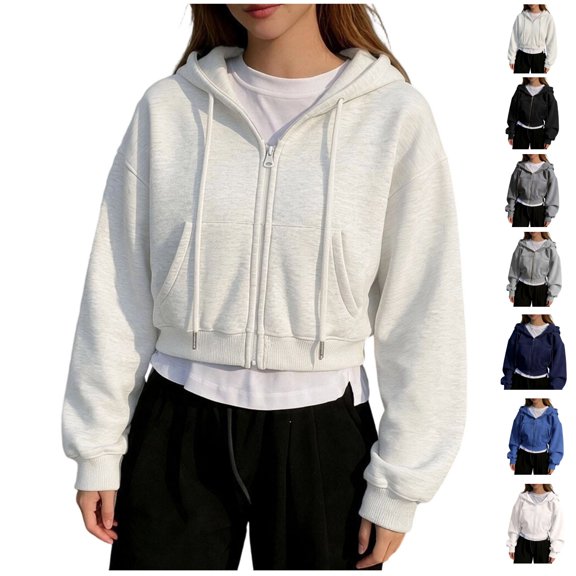 Zip Up Hoodie for Women Long Sleeve Plain Drawstring Hooded Sweatshirt Solid Color Fall Clothes Y2k Fashion Jackets