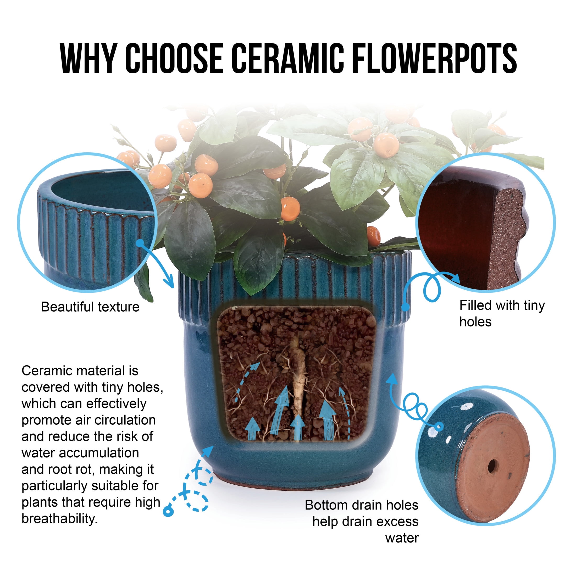 Noble House Kathleen Ceramic Flowerpot Set, Glossy Finish with Drainage for Versatile Planting, Set of 3, Antique Blue