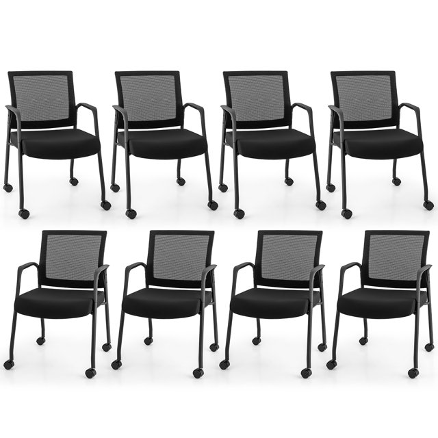 Gymax 8 Pcs Office Guest Chairs on Wheels w/ Metal Frame & Armrests Mesh Back Office