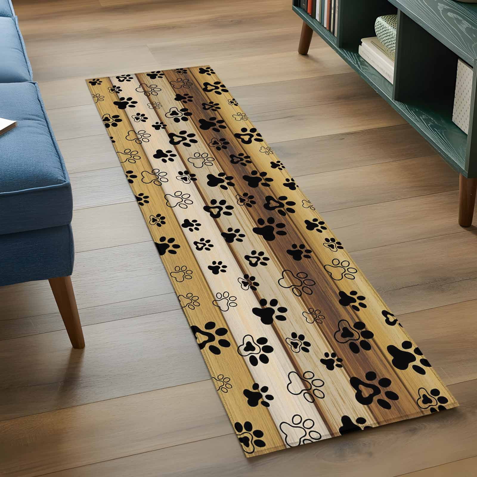 2'x6' Rug Runners for Hallways Kitchen, Cute Dog Claws Non Slip Entryway Beside Floor Carpet Runner, Farmhouse Brown Wooden Grain Puppy Pawprints Laundry Room Bedroom Throw Rugs Mat for Family Pet