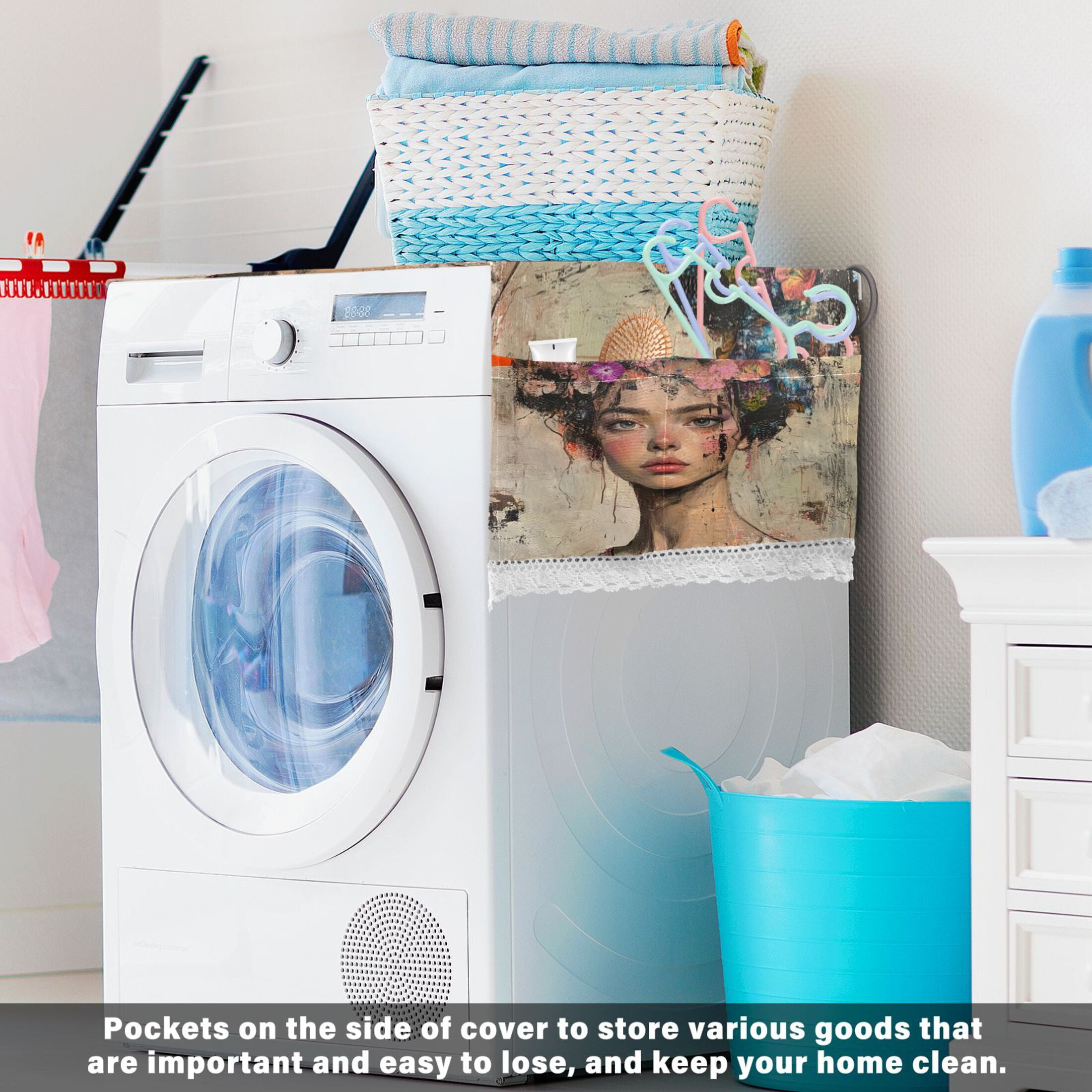 Artistic Scent GirlWasher and Dryer Covers Dust-Proof and Oil Resistant Fridge Cover with 4 Storage Pockets Washing Machine Top Cover for Laundry Kitchen Home 51.2 x 22 In
