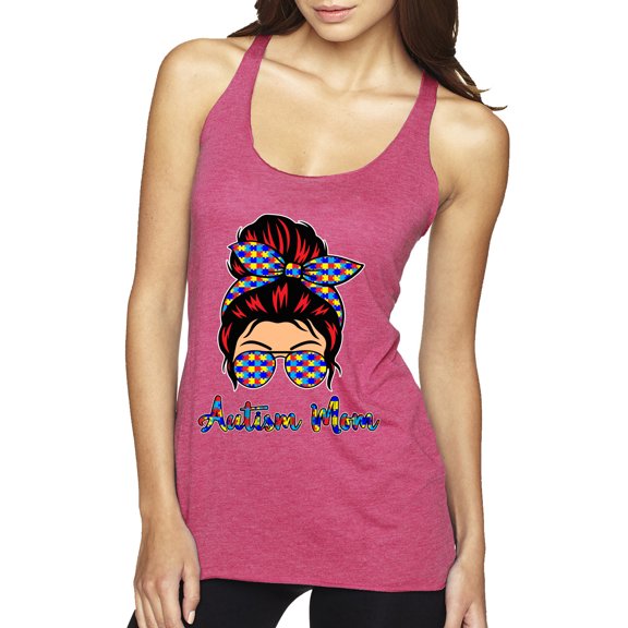 Wild Bobby, Autism Awareness Mom Life Messy Hair Bun | Cool Support Neon Print Bandana Mother's Day Tri-Blend Racerback Tank Top, Vintage Pink, Medium