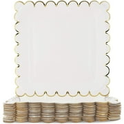 Blue Panda 48-Count White Party Paper Plates with Scalloped Gold Foil Edge, 9 inches