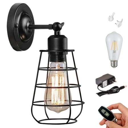 

Kiven 1-Light Battery Operated Iron Wall Lamp Vintage Black Rechargeable Wall Sconces E26 Socket Bulb Included(Warm White)Wire Cage Wall Light Fixture