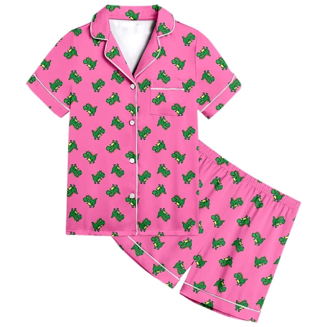 Pyjamas en Satin pour Garçons Imprimé Manches Courtes Filles Ensemble de Pyjamas Boutonné Pyjamas Classiques pour Enfants Garçons Filles Mode