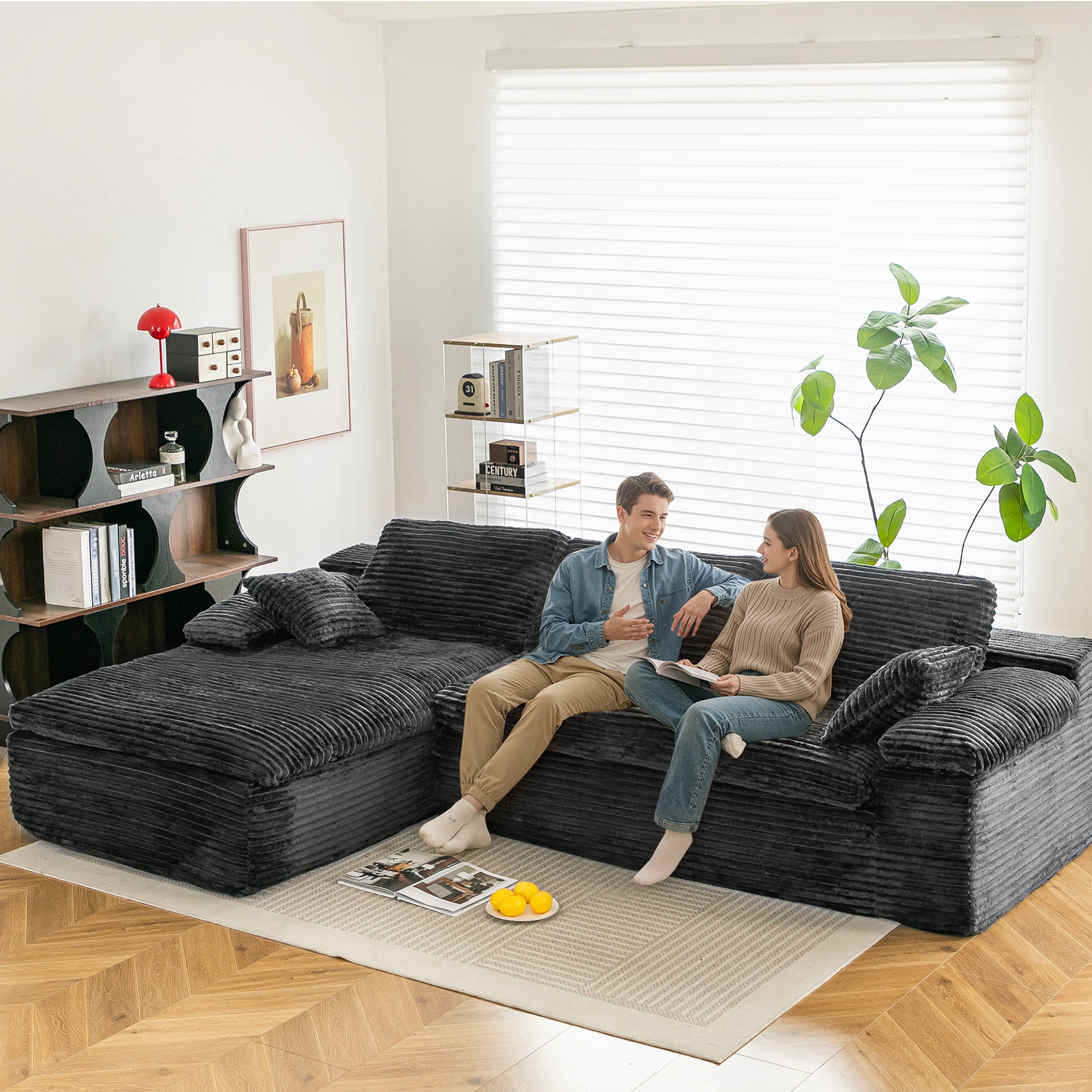 YODOLLA 110" L Shaped Modular Sectional Sofa for Living Room, Cloud Boneless Couch with Fluffy Seat Cushion, No Assembly Required, Corduroy, Black